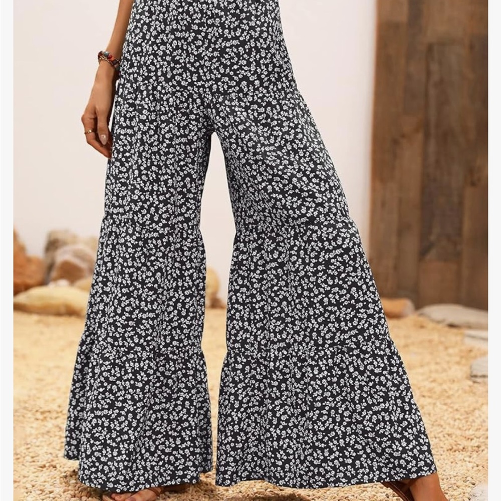 Black Ditsy Floral Print High Waist Beach Wide Leg Palazzo Pants Womens Large